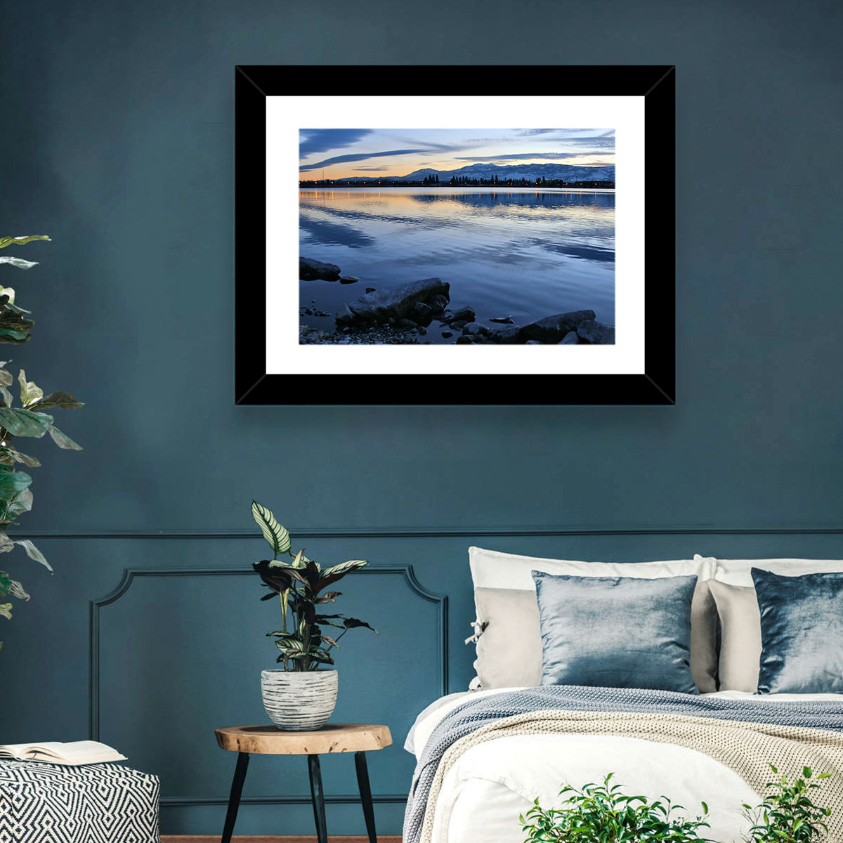 Sparks Marina Twilight Reflection Wall Art in a room, landscape