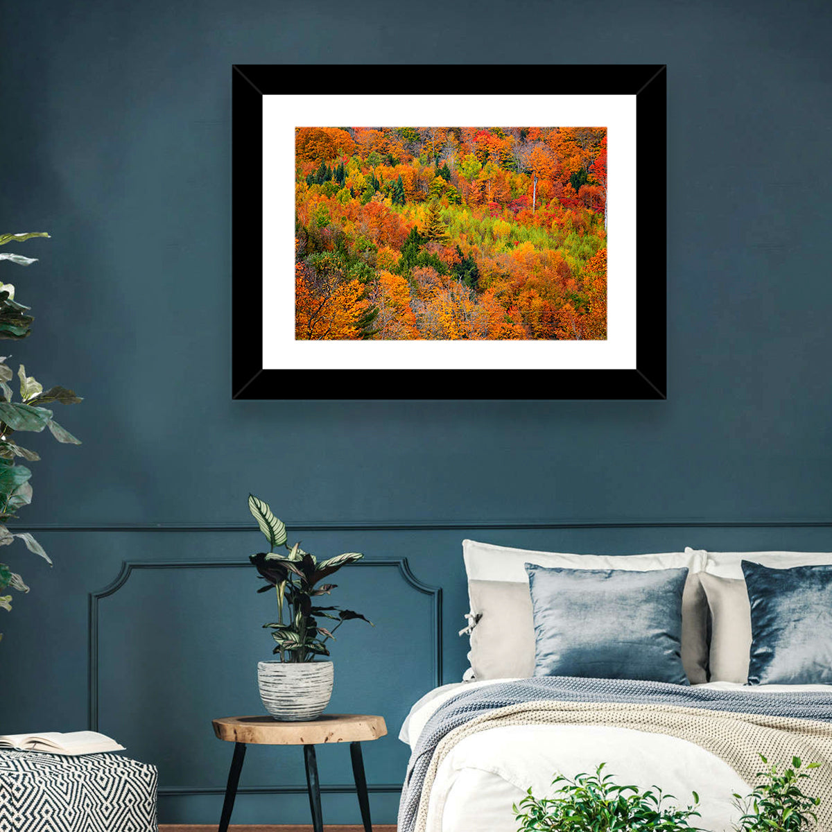 Vermont Autumn Mountain Forest Wall Art in a room, landscape