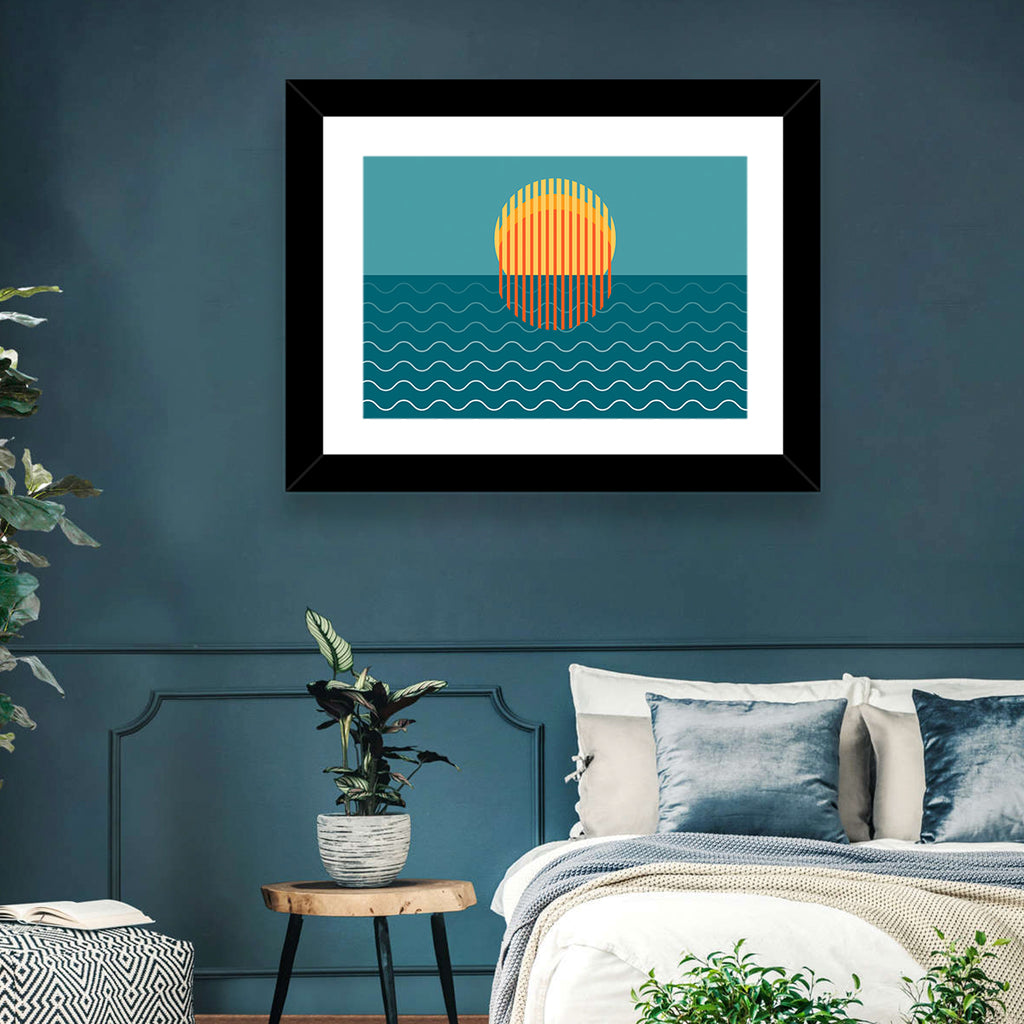 Teal Ocean Sunset Illustration Wall Art