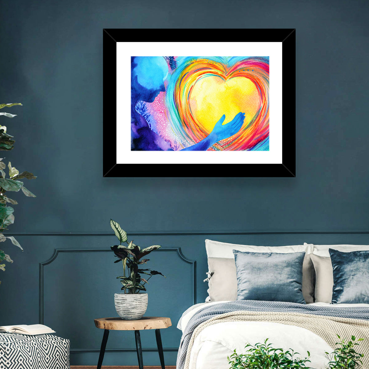 Blue Silhouette with Radiant Heart Wall Art in a room, landscape