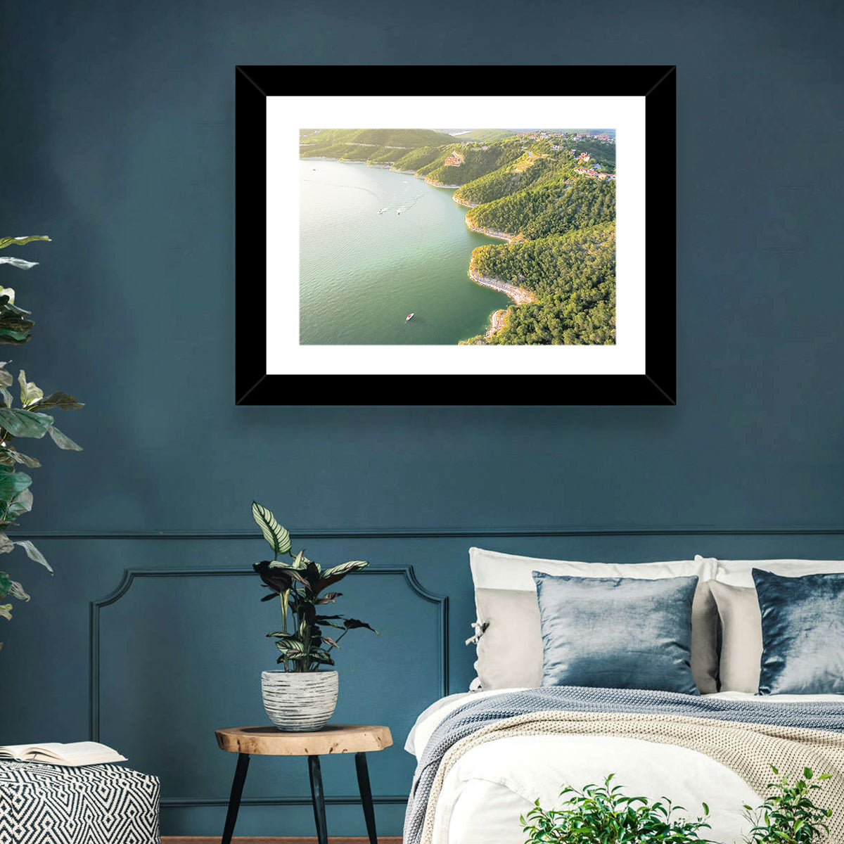 Lake Travis Aerial View Wall Art in a room, landscape