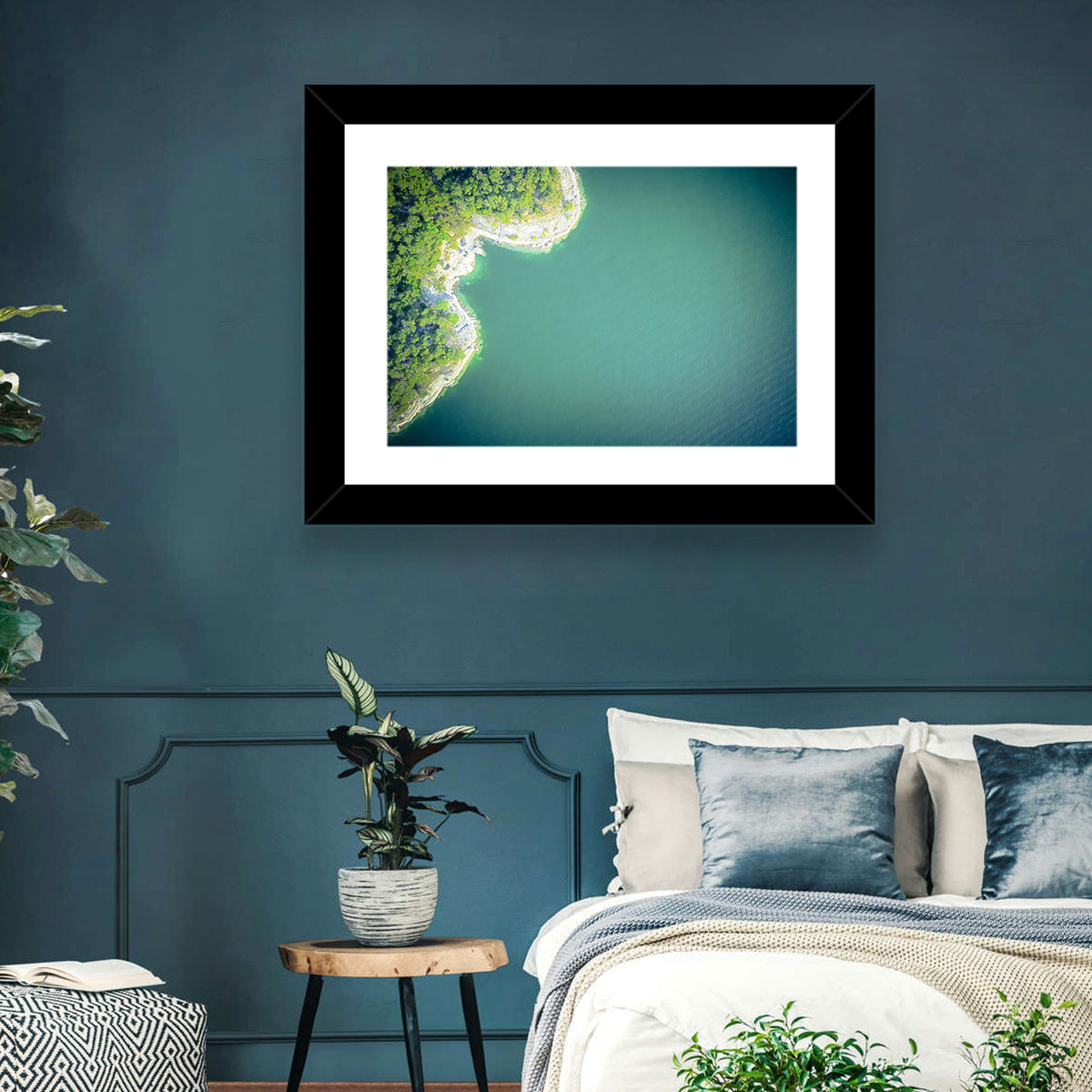 L-shaped Coastline Over Teal Lake Wall Art in a room, landscape