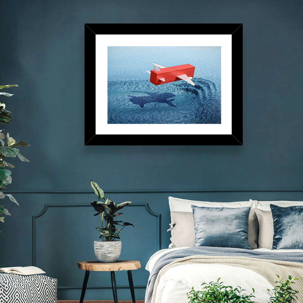 Flying Shipping Container Wall Art in a room, landscape