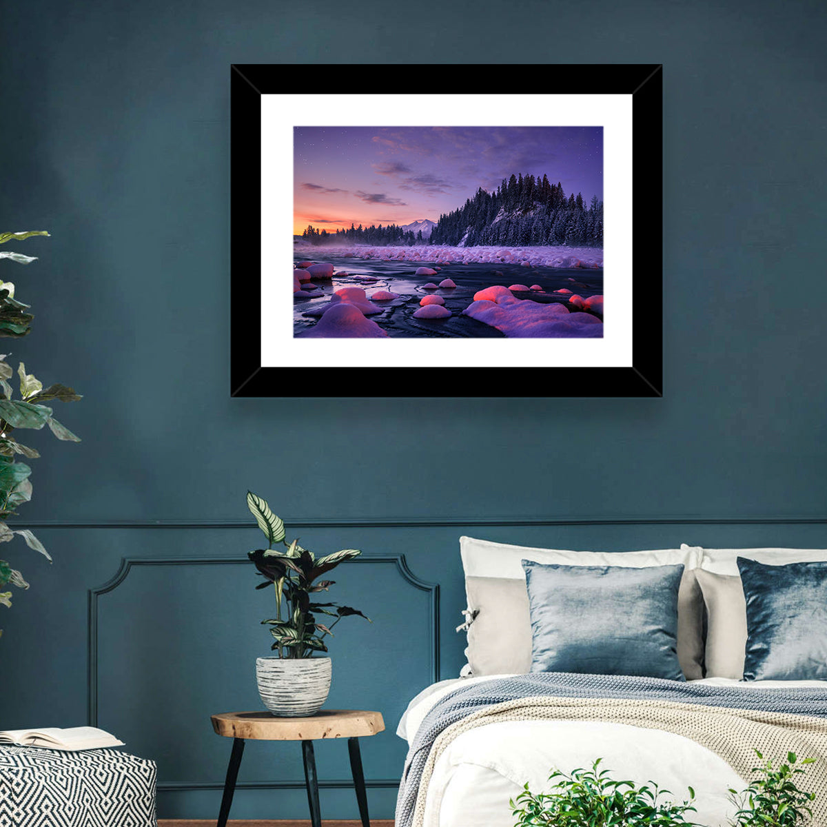 Twilight River and Snowy Pines Wall Art in a room, landscape