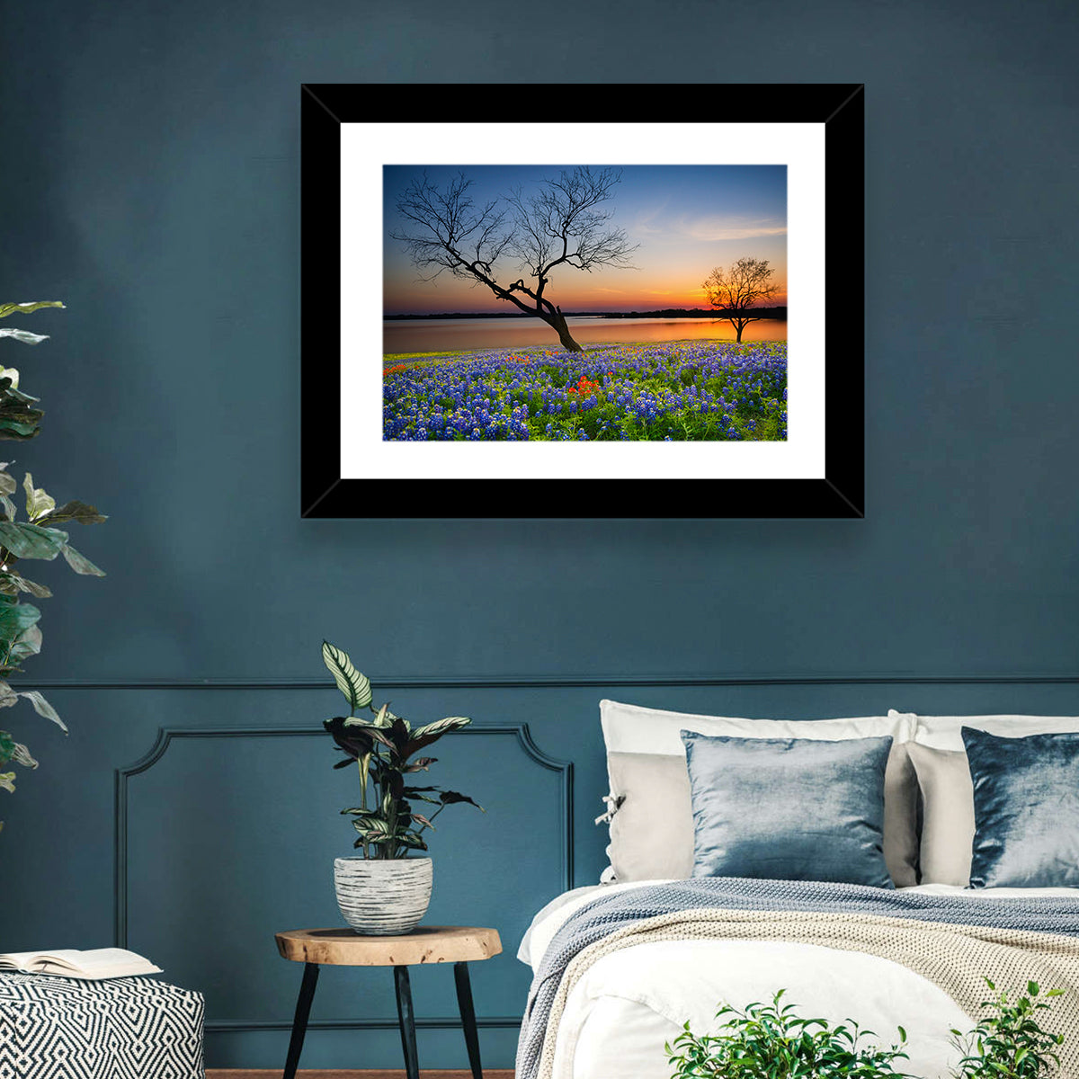 Texas Bluebonnet Sunset Wall Art in a room, landscape