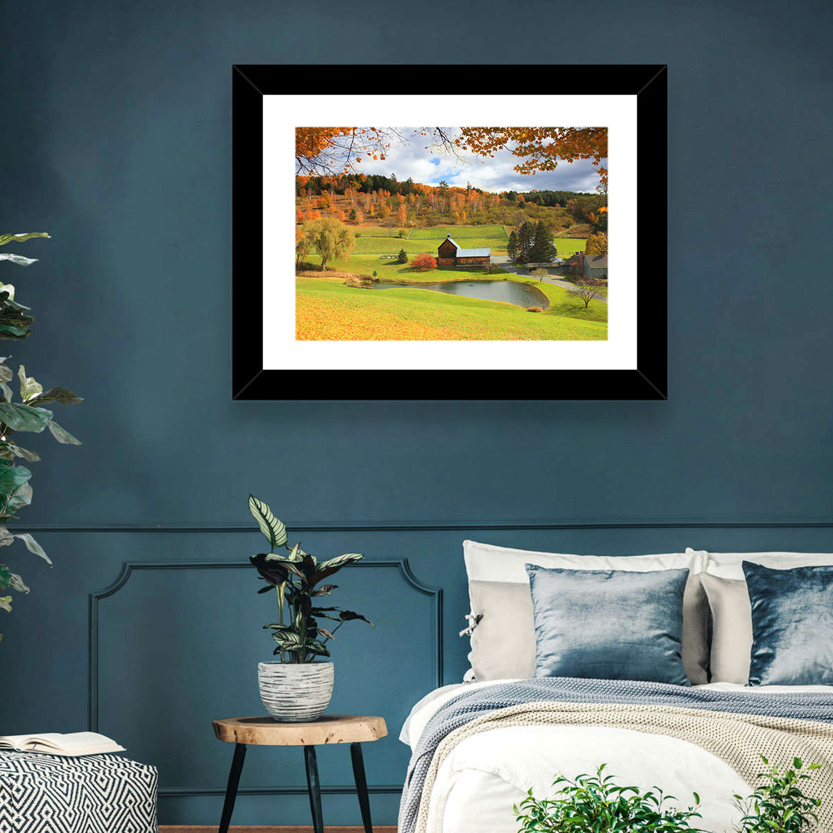 Vermont Barn by Pond Wall Art in a room, landscape