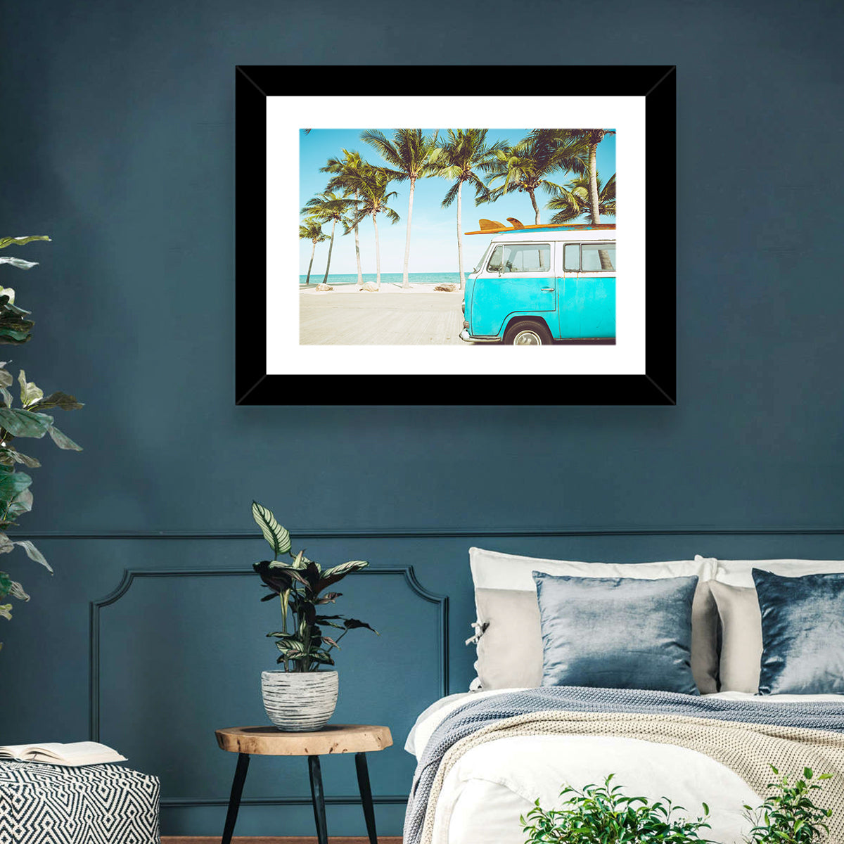 Vintage Vw Bus on Tropical Beach Wall Art in a room, landscape