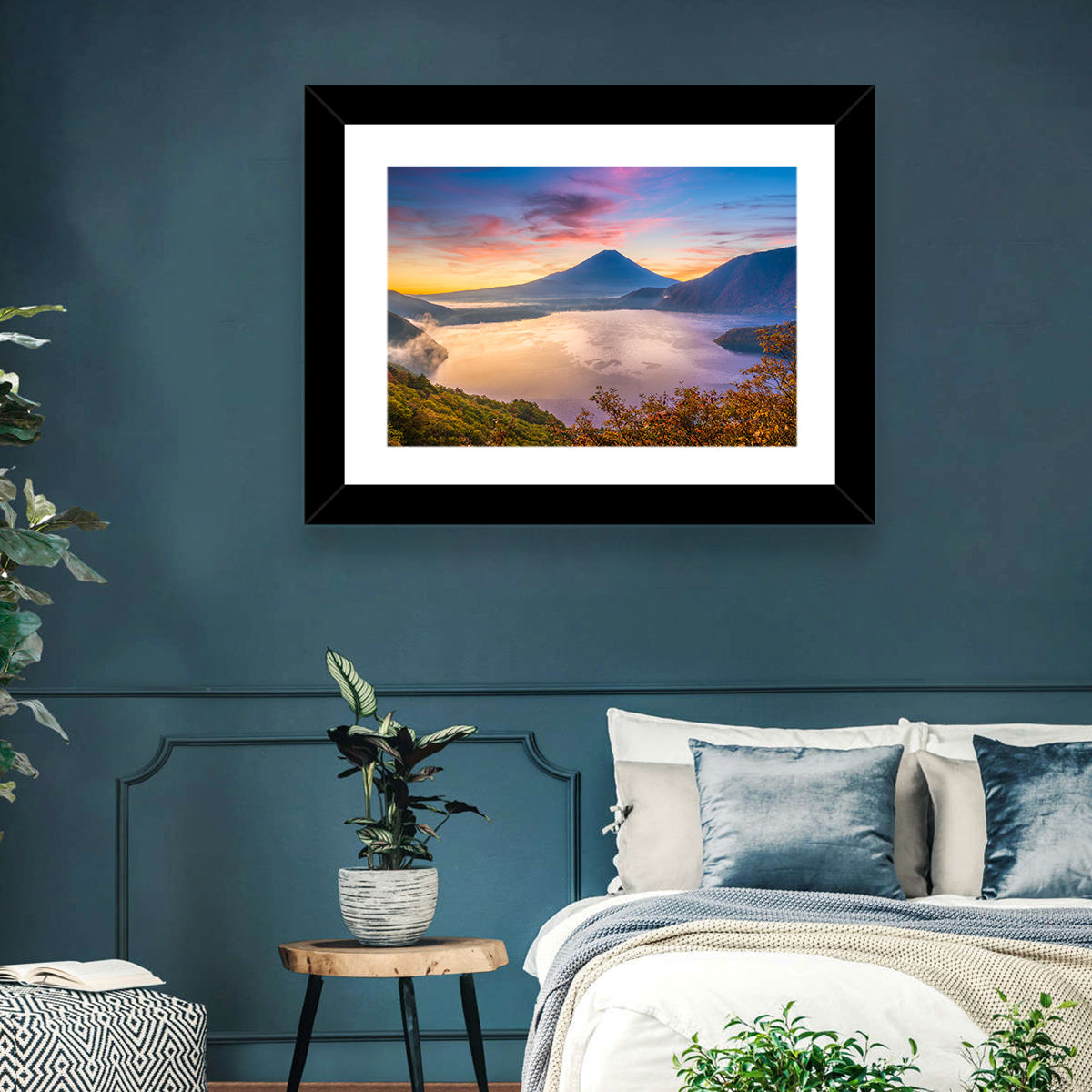 Mount Fuji at Lake Motosu, Autumn Sunrise Wall Art in a room, landscape