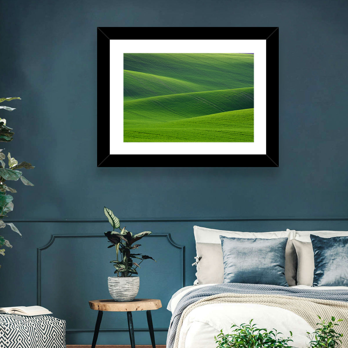 Rolling Emerald Wheat Fields Wall Art in a room, landscape
