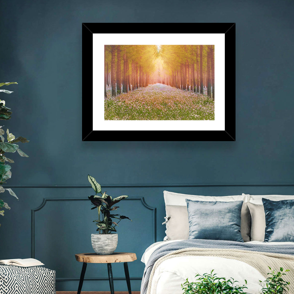 Golden Morning Forest Path Wall Art in a room, landscape