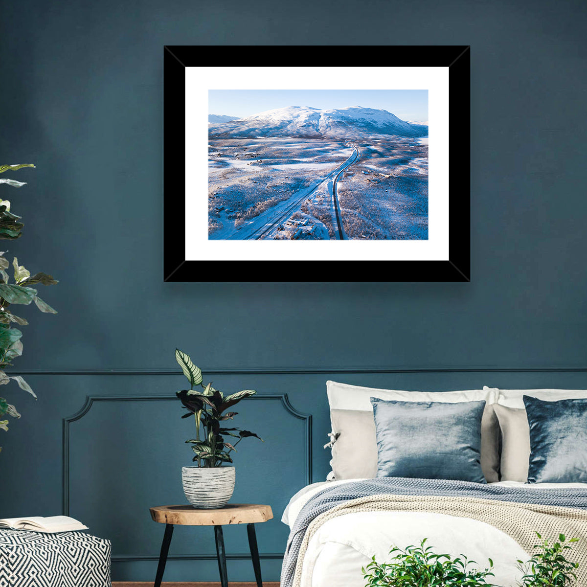 Snowy Valley with Parallel Tracks Wall Art in a room, landscape