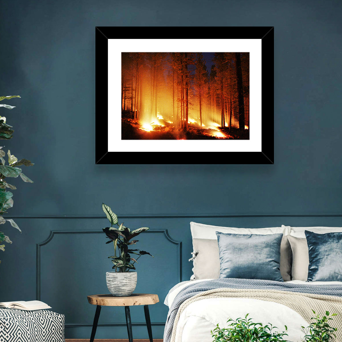Night Forest Fire Wall Art in a room, landscape