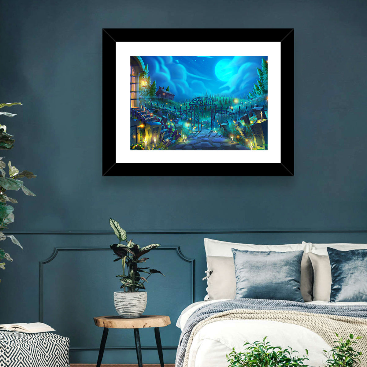 Halloween Cemetery Gate Illustration Wall Art in a room, landscape