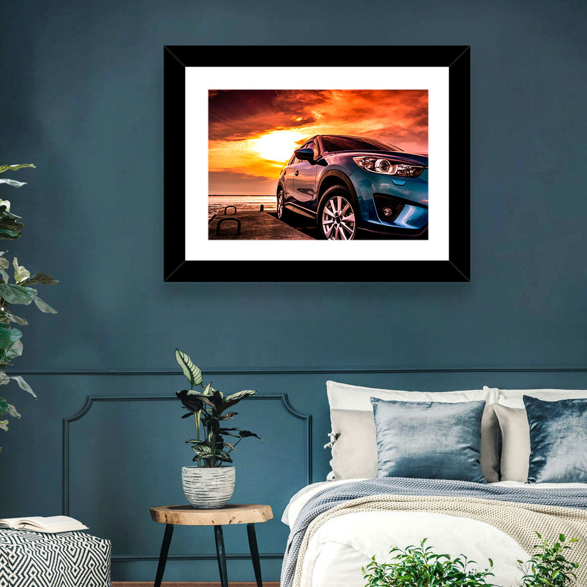 Suv on Pier at Sunset Wall Art in a room, landscape