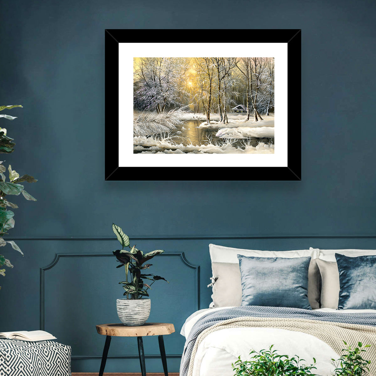 Sunlit Winter Cabin Wall Art in a room, landscape