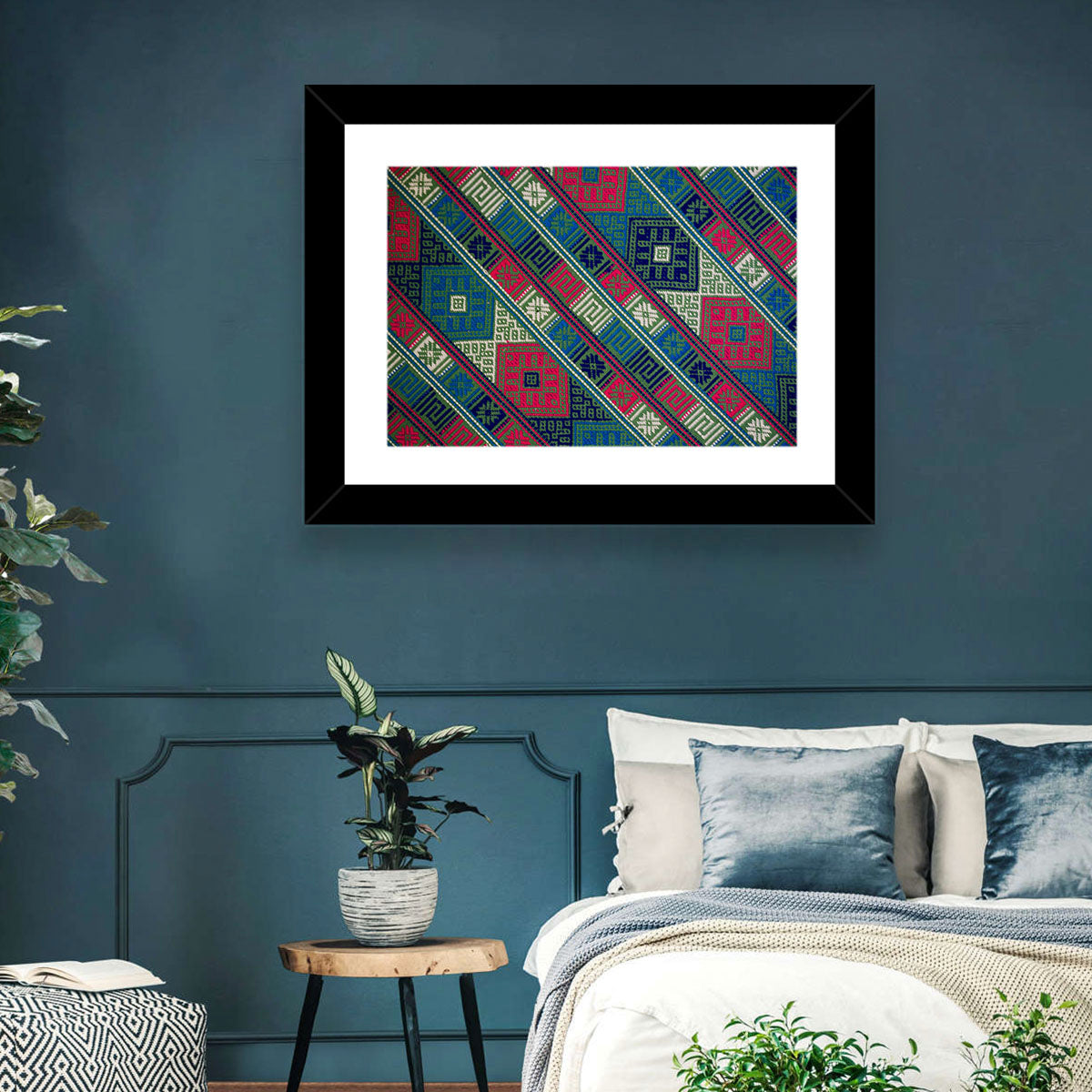 Handwoven Geometric Textile Wall Art in a room, landscape