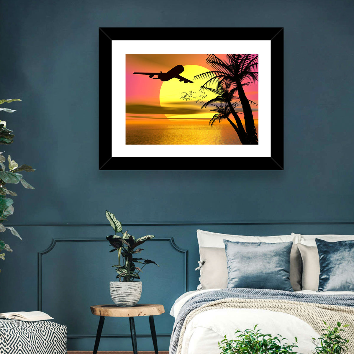 Wide-body Airplane Over Caribbean Dusk Wall Art in a room, landscape
