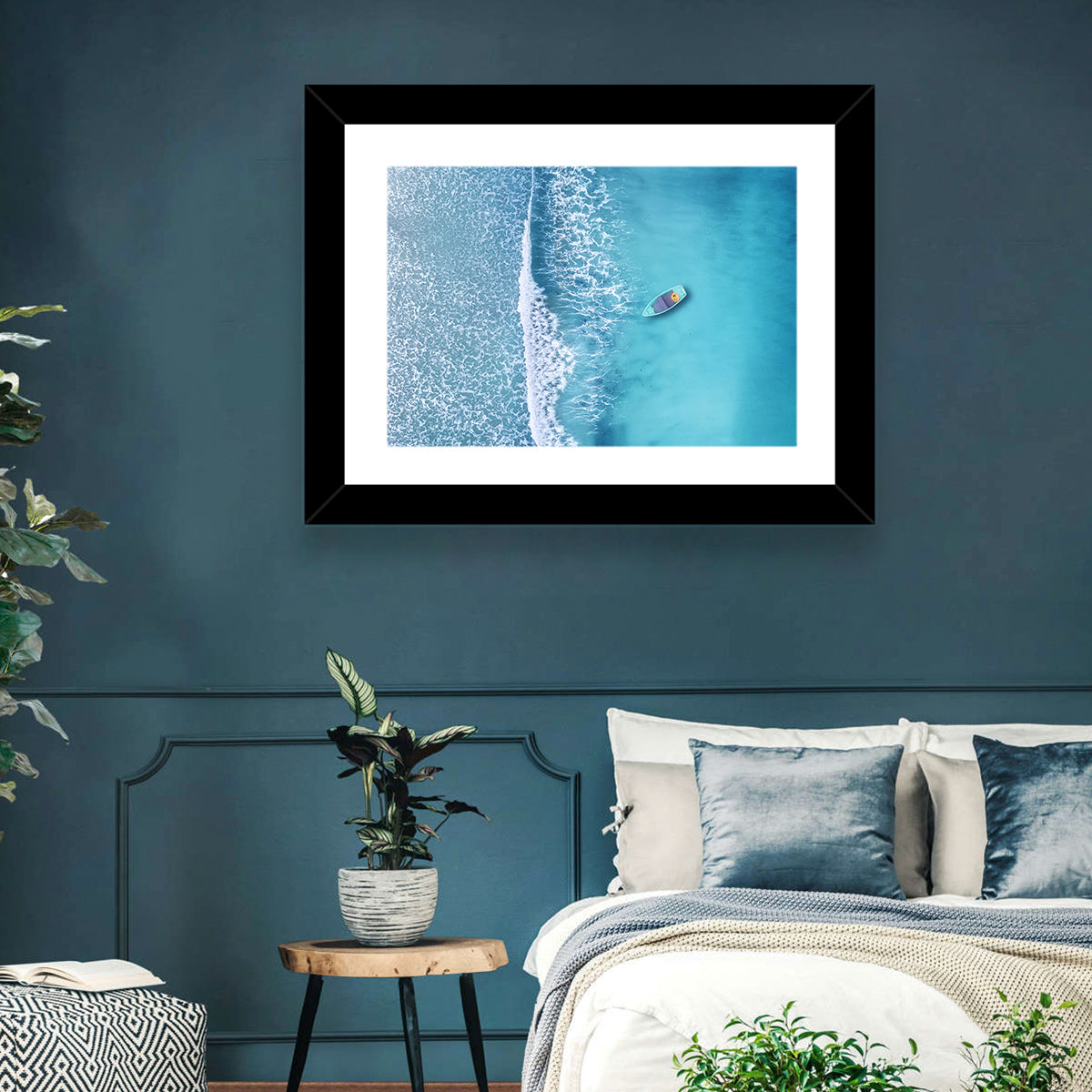 Lone Boat Over Turquoise Waves Wall Art in a room, landscape
