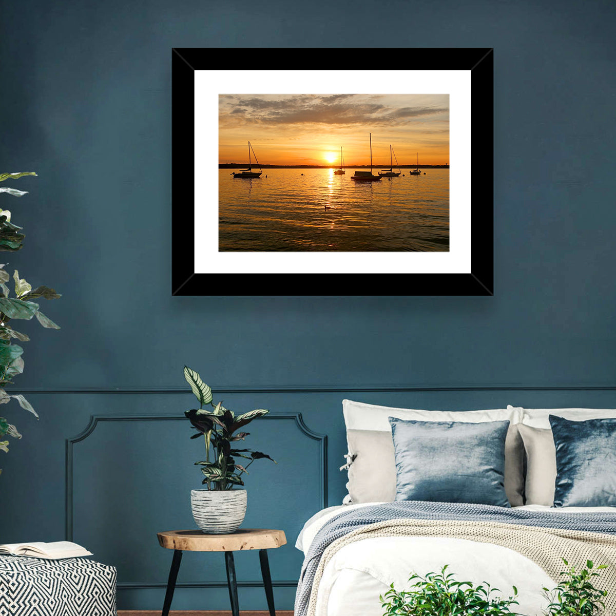 Lake Mendota Golden Sailboats Wall Art in a room, landscape