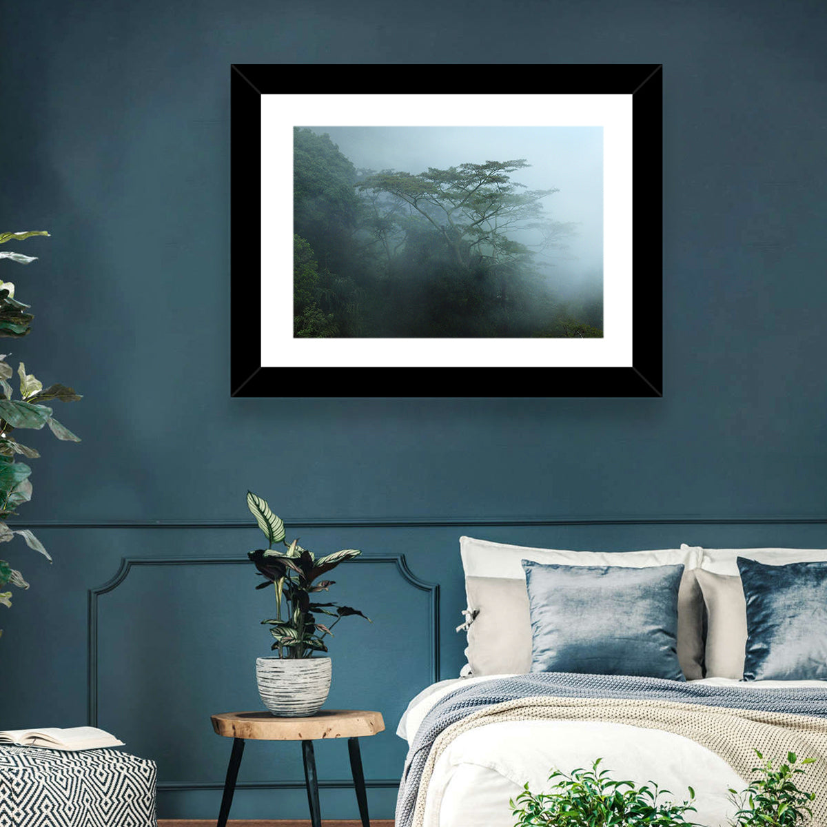 Misty Rainforest Canopy Wall Art in a room, landscape
