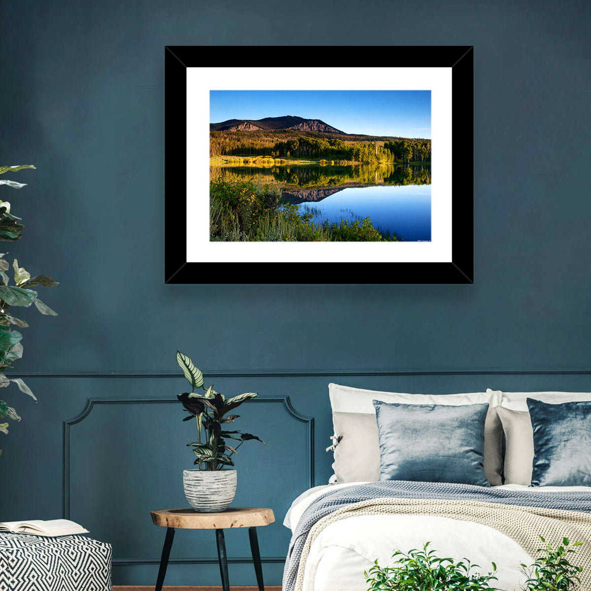 Golden Hour Mountain Lake Wall Art in a room, landscape