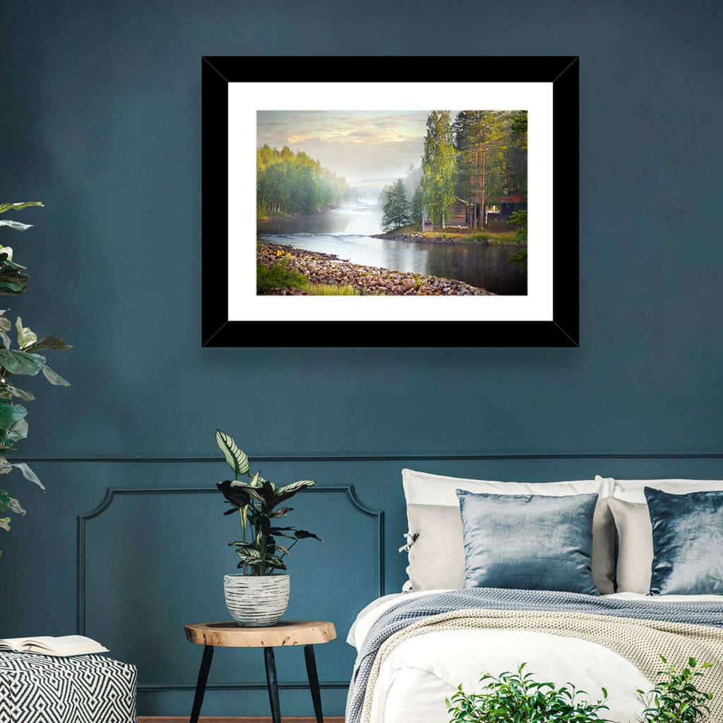 Misty River with Red Roof Cabin Wall Art