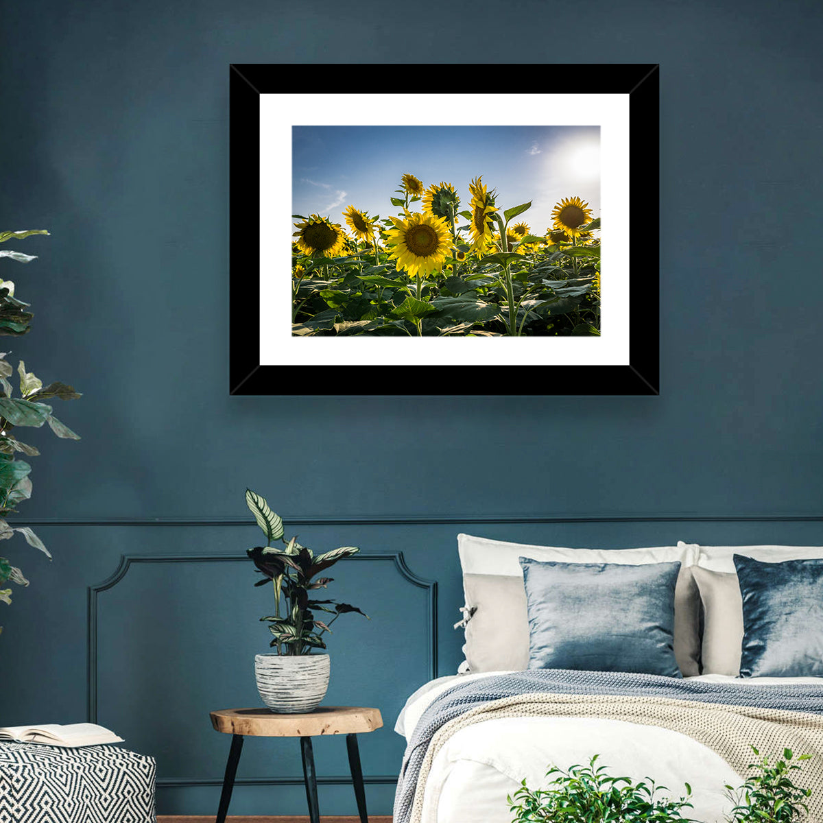 Backlit Sunflower Field Wall Art in a room, landscape