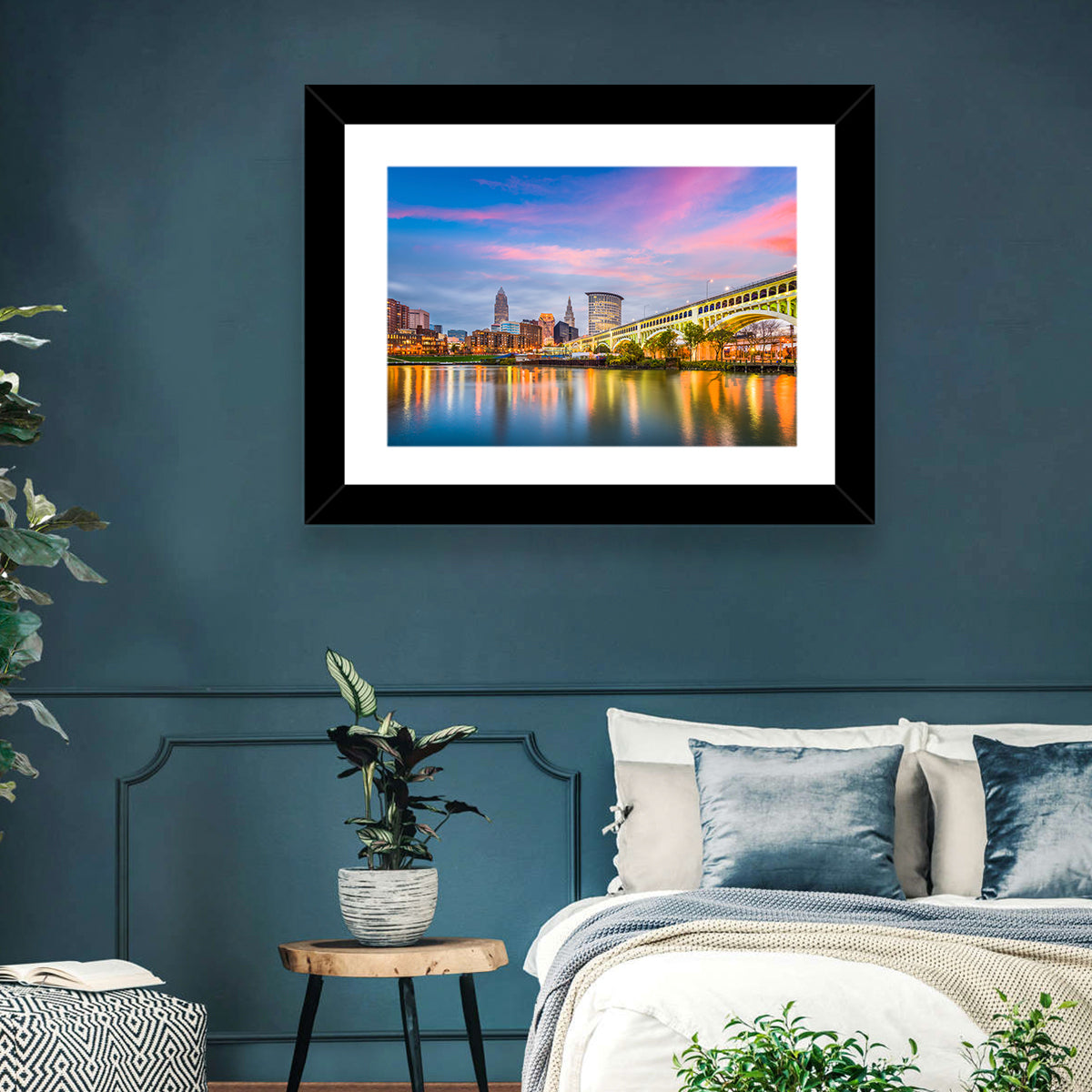 Cleveland Skyline at Dusk Wall Art in a room, landscape