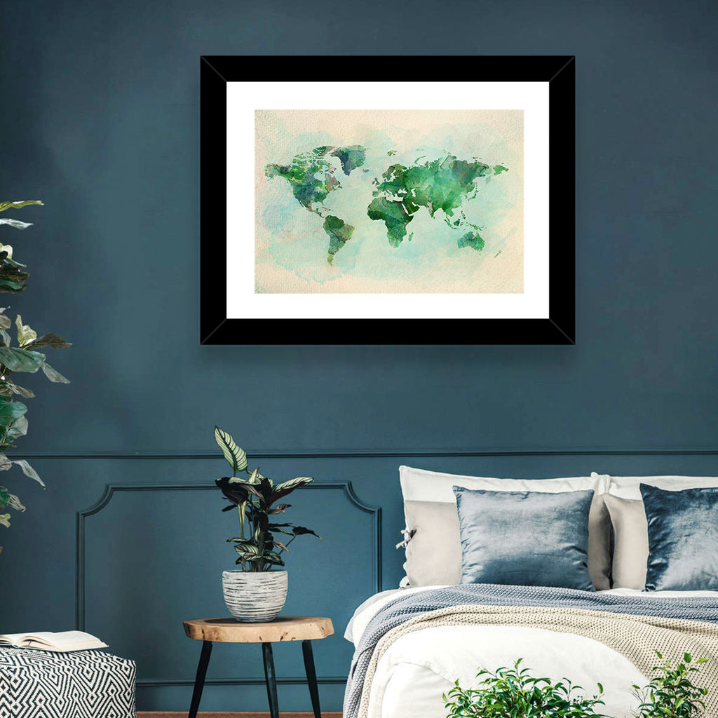 Green Watercolor World Map Wall Art