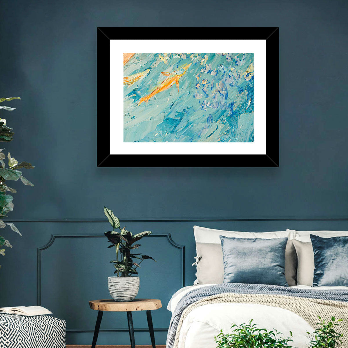 Koi in Blue Abstract Wall Art in a room, landscape