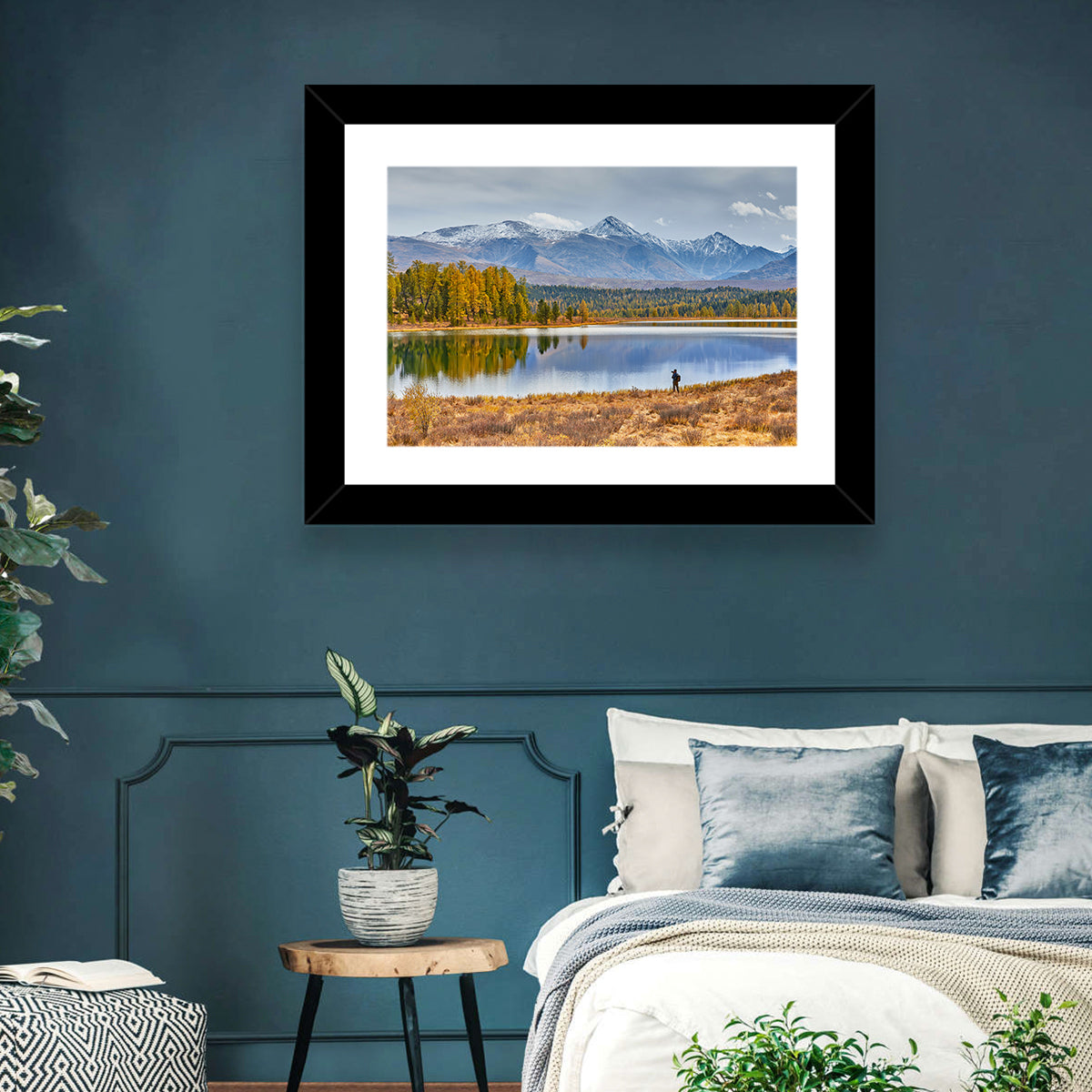 Autumn Mountain Lake Reflection Wall Art in a room, landscape