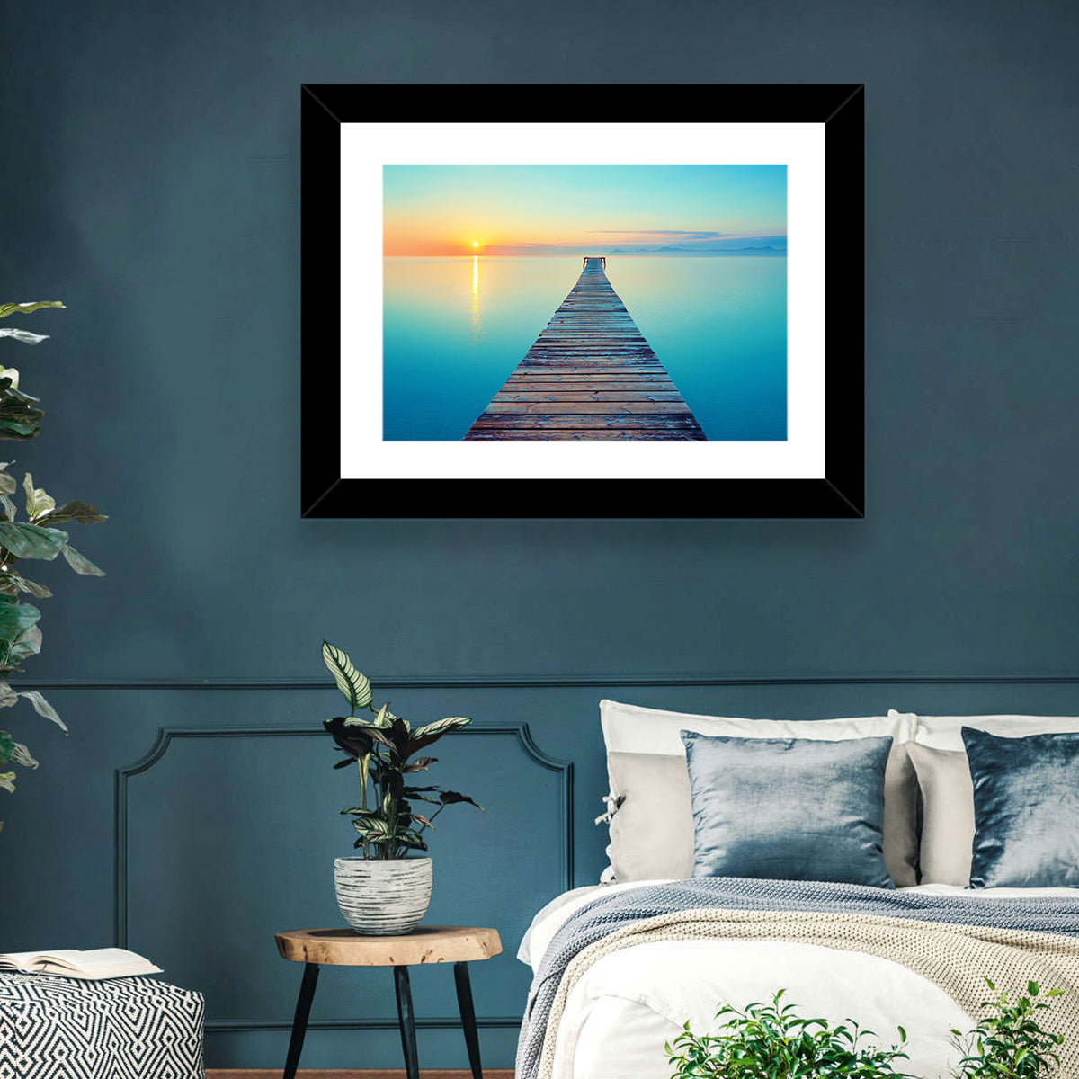 Wooden Footbridge at Sunset Wall Art in a room, landscape