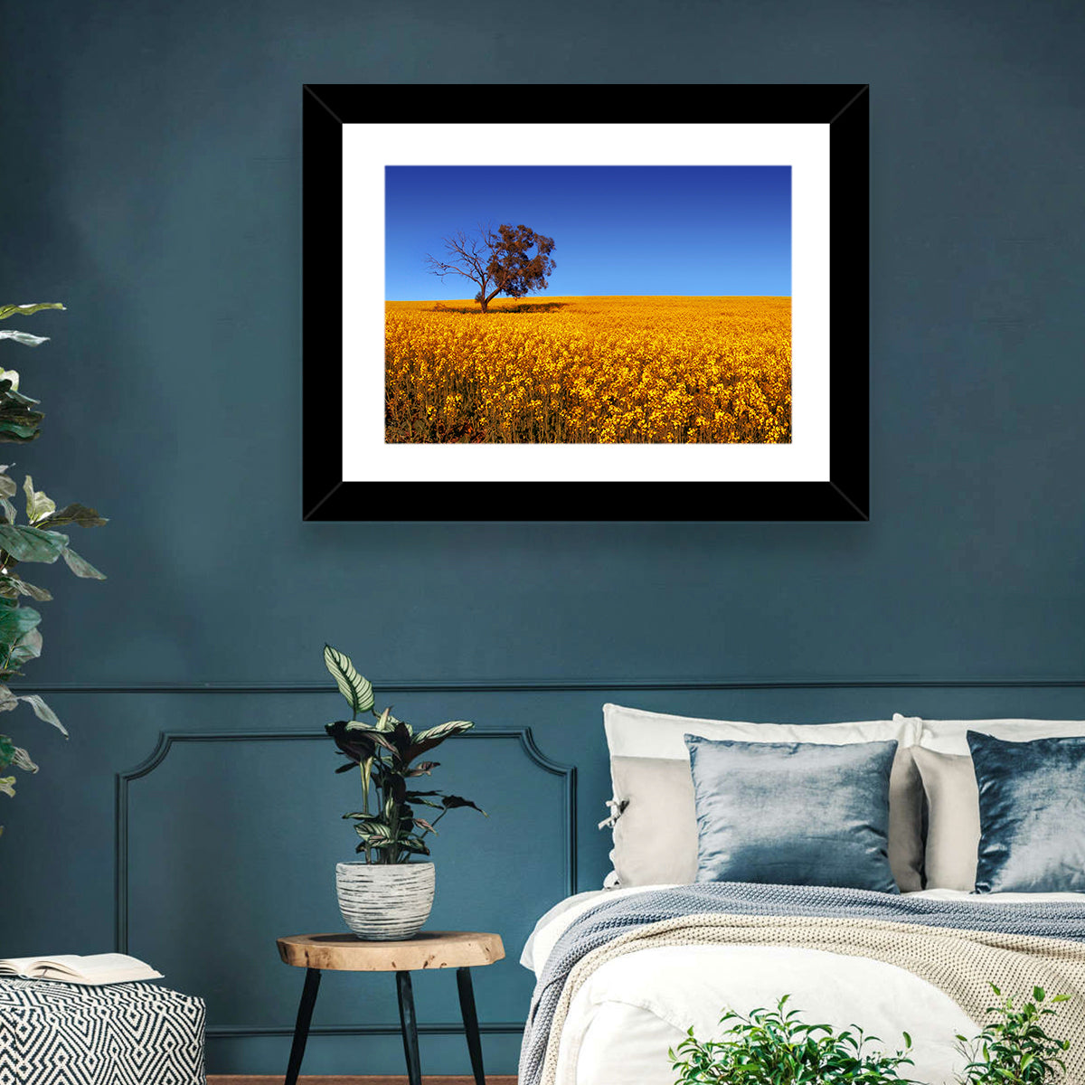 Canola Field with Lone Tree Wall Art in a room, landscape
