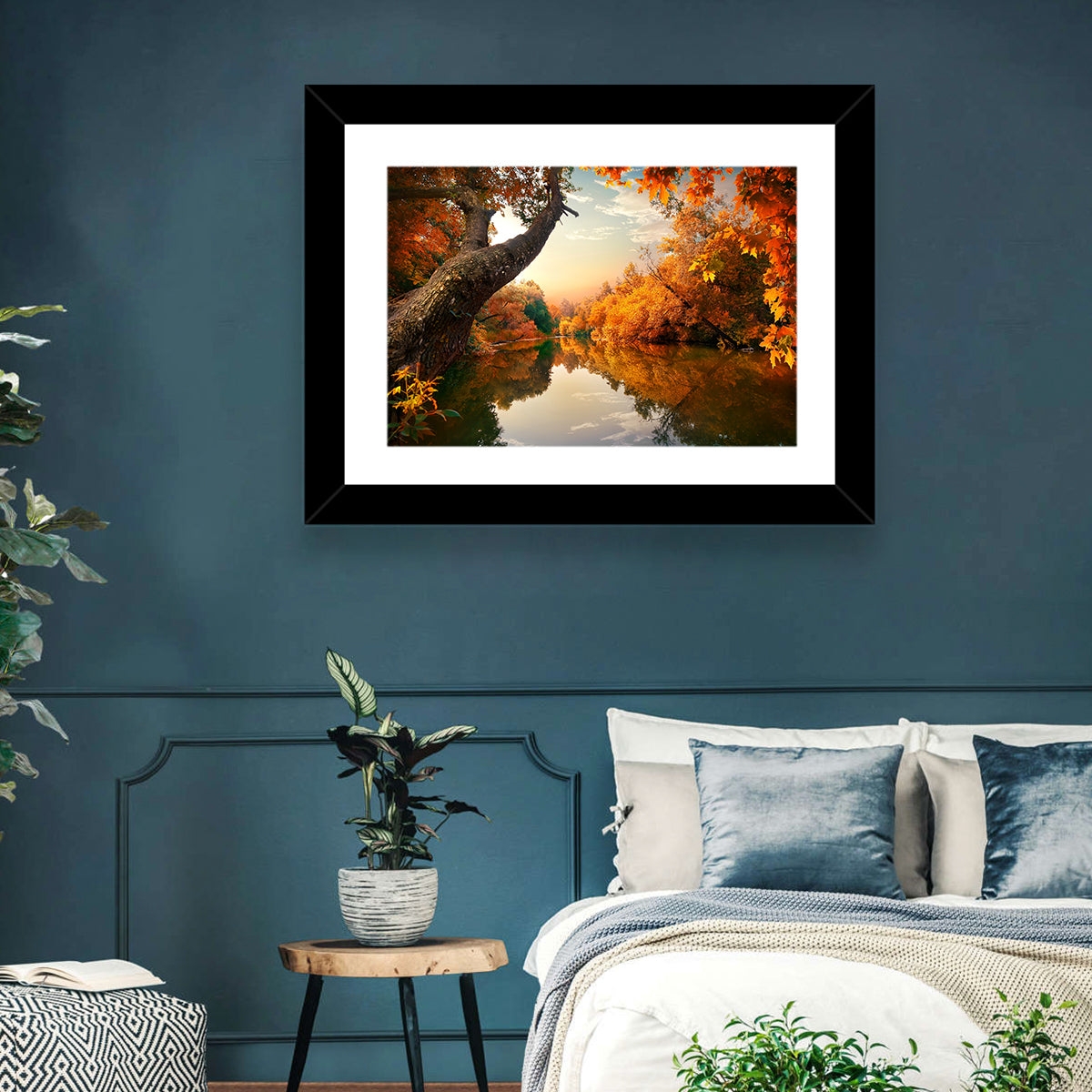 Golden Autumn River Reflections Wall Art in a room, landscape