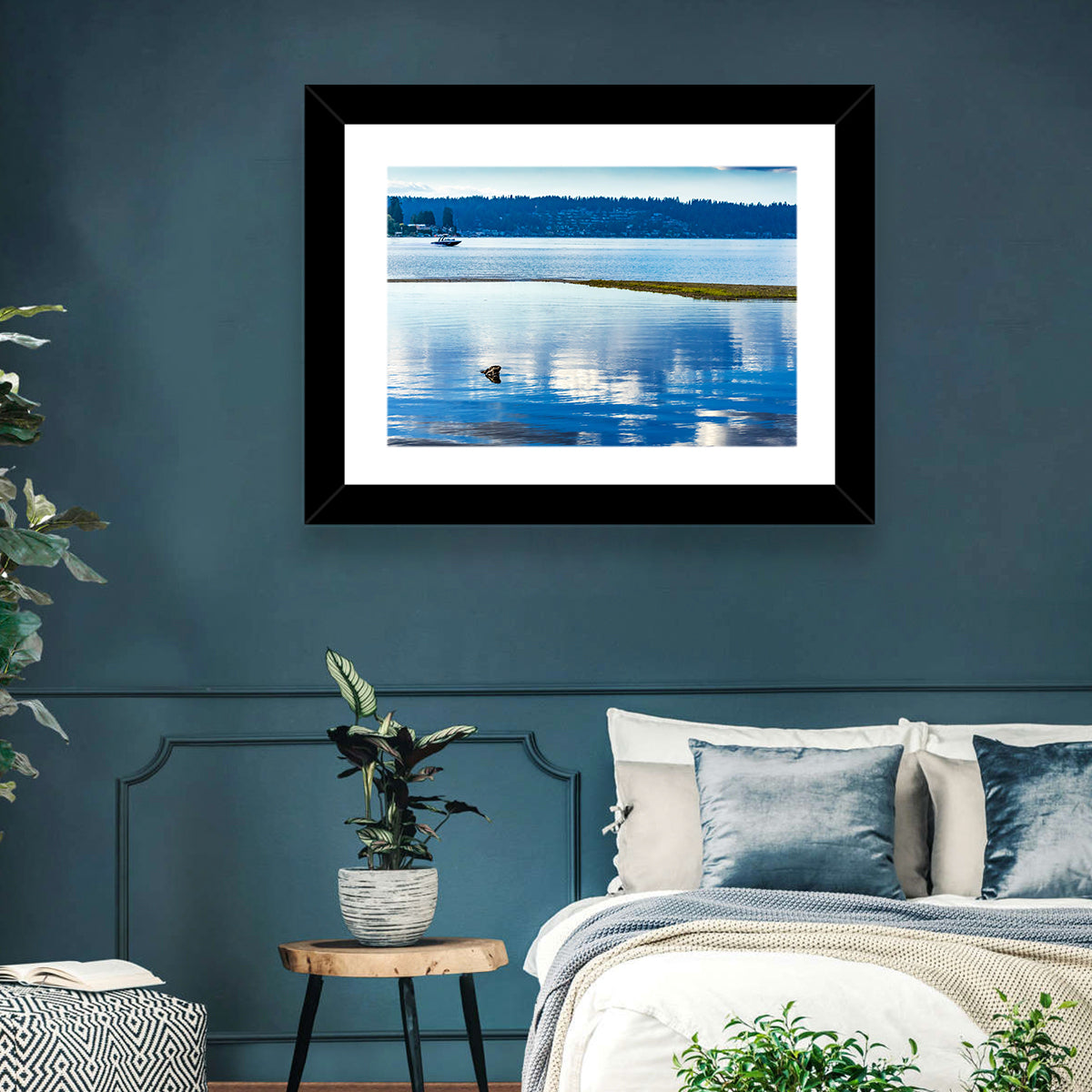 Lake Sammamish Reflection Wall Art in a room, landscape