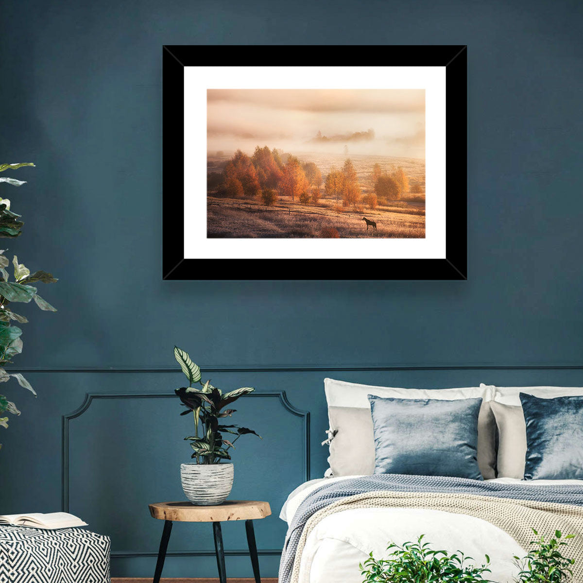 Autumn Morning Horse Silhouette Wall Art in a room, landscape