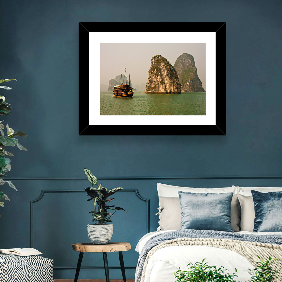 Ha Long Bay Junk Boat and Karst Cliffs Wall Art in a room, landscape