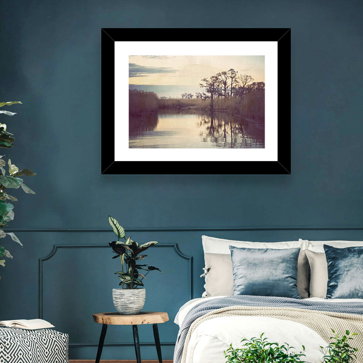 Louisiana Cypress Swamp at Dusk Wall Art in a room, landscape