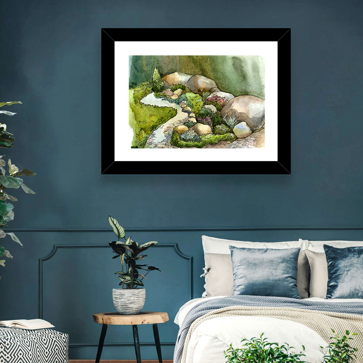 Watercolor Rock Garden Stream Wall Art in a room, landscape