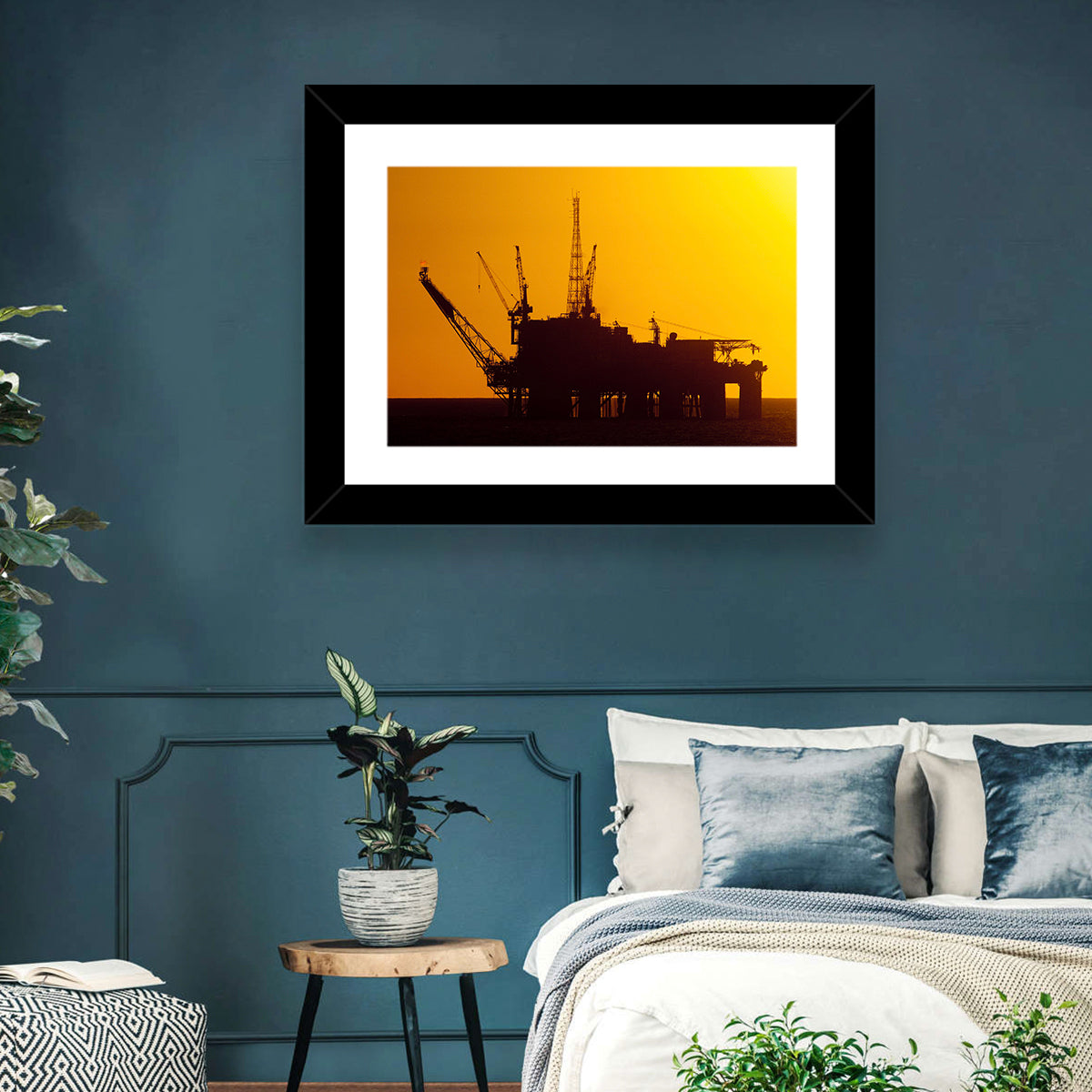 Oil Rig Silhouette at Sunset Wall Art in a room, landscape
