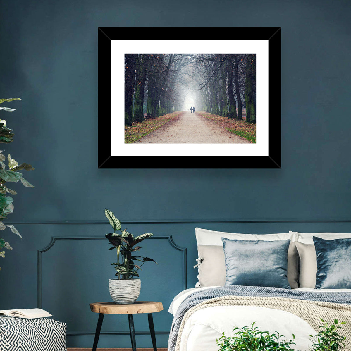Foggy Tree Lined Walkway in Autumn Wall Art in a room, landscape