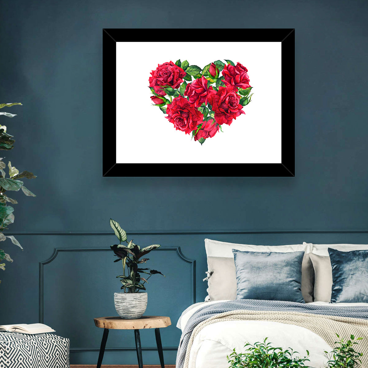 Watercolor Rose Heart Wall Art in a room, landscape