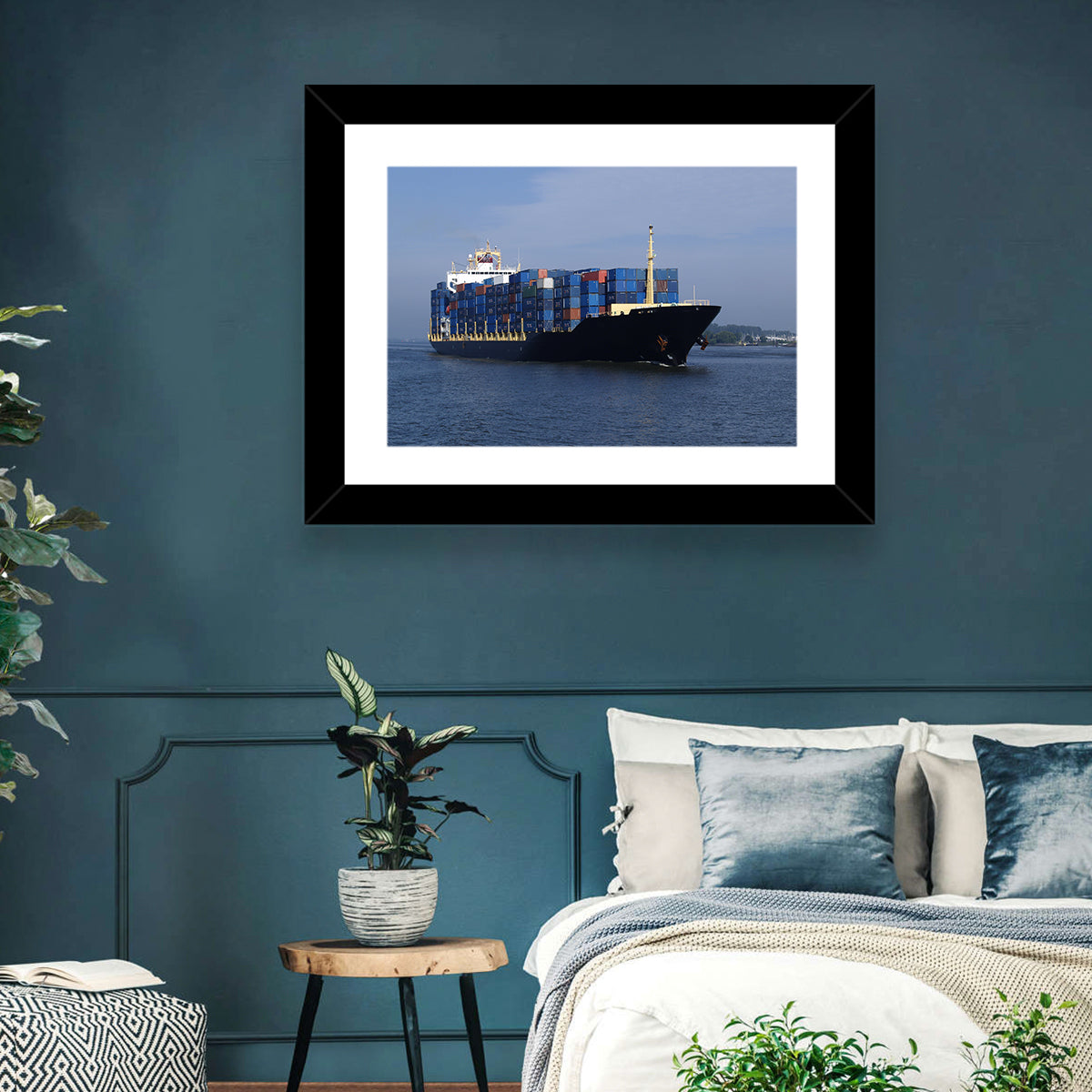 Container Ship in Motion Wall Art in a room, landscape