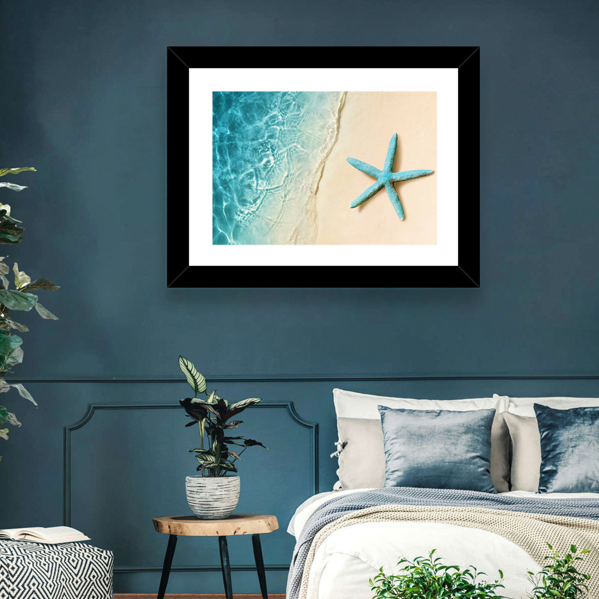 Blue Starfish on Sandy Beach Wall Art in a room, landscape