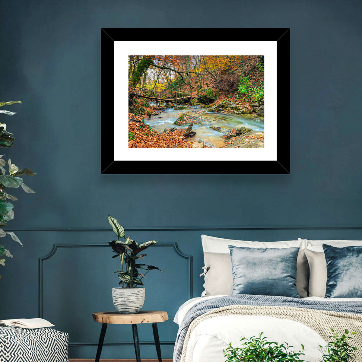 Mossy Footbridge in Autumn Forest Wall Art in a room, landscape