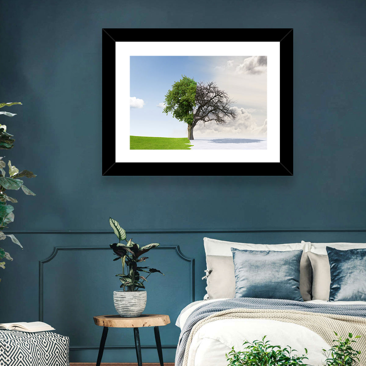 Summer to Winter Split Tree Wall Art in a room, landscape
