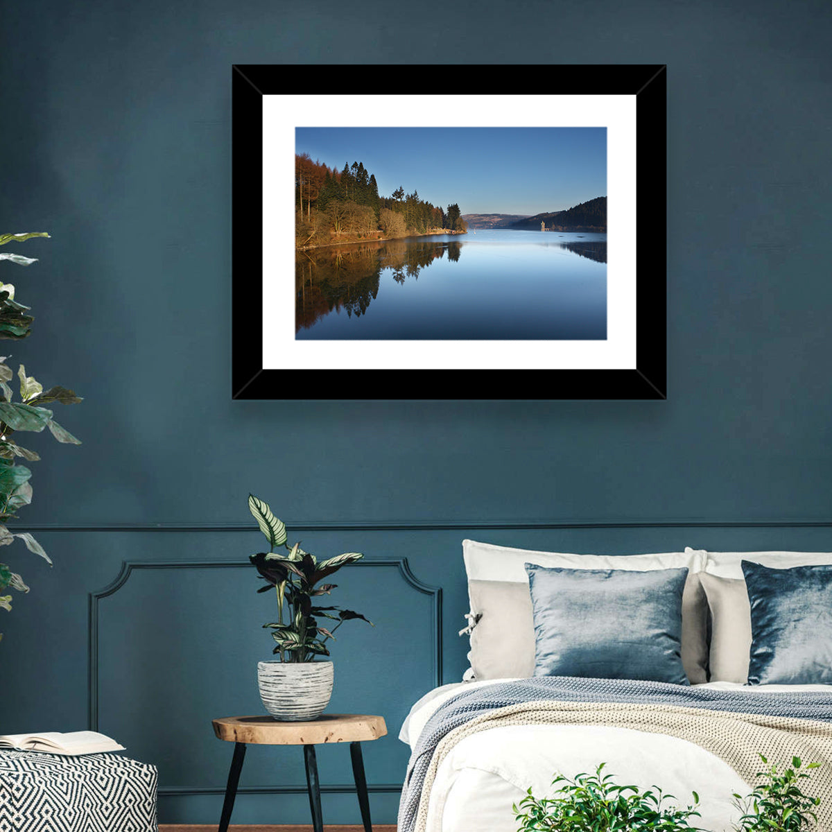 Lake Vyrnwy Golden Hour Reflection Wall Art in a room, landscape
