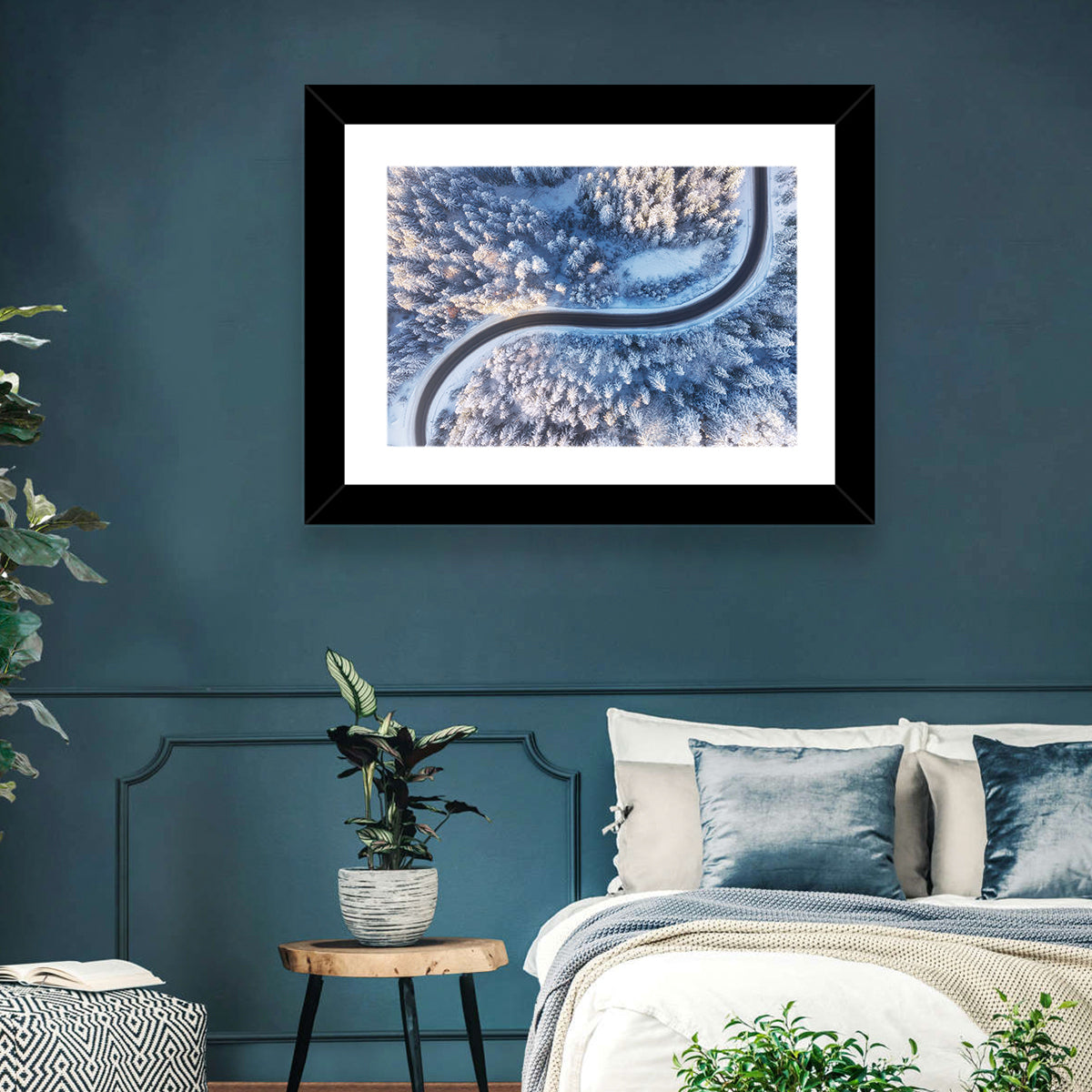 Winding Snow-covered Forest Road Wall Art in a room, landscape