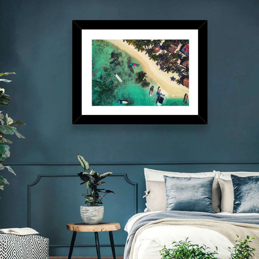 Aerial Tropical Shoreline with Six Boats Wall Art