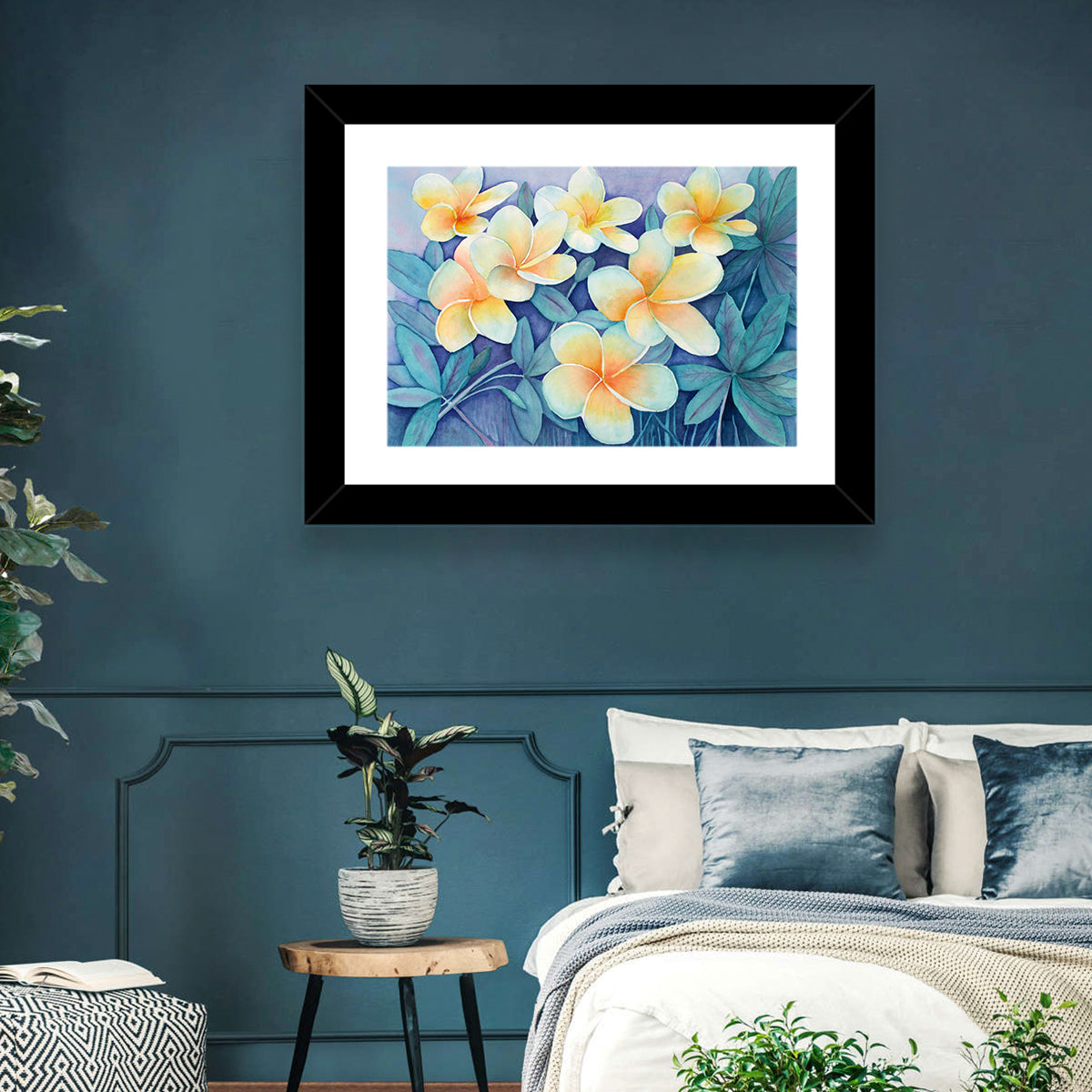 Watercolor Frangipani Cluster Wall Art in a room, landscape